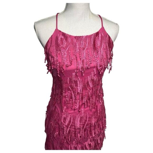 New Lulus Dress Womens M Making Magic Fringe Lace Up Mini Overlay Bright Pink - Picture 8 of 16
